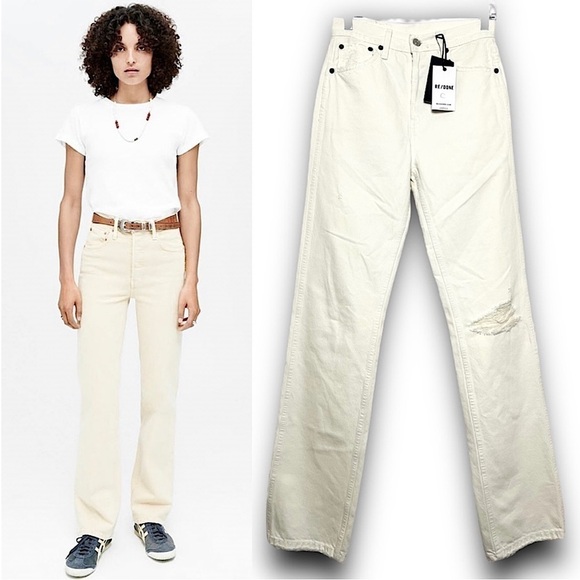 NWT RE/DONE 90s High Waist Distress Denim Straight Leg Rip Knee Fray Hem Jean 26 - Picture 1 of 10